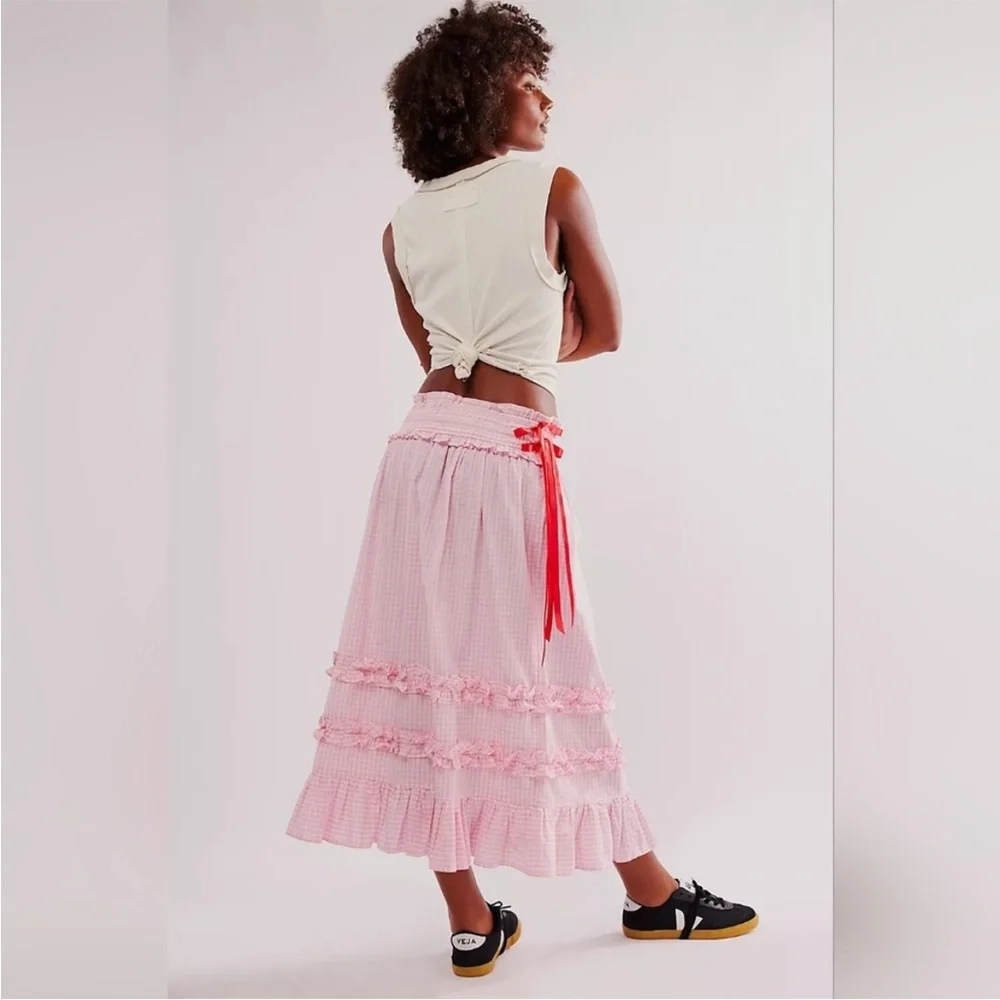 Damson Madder x Free People Pink Gingham Olivia Ruffle Midi Skirt Size 14, US 10 - Picture 4 of 16